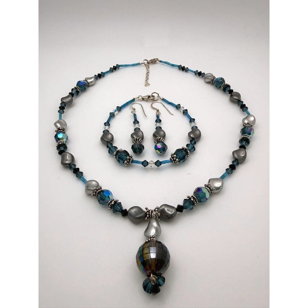 Swarovski Crystal 925 Sterling Silver Necklace Bracelet Earring Set Blue Grey 58